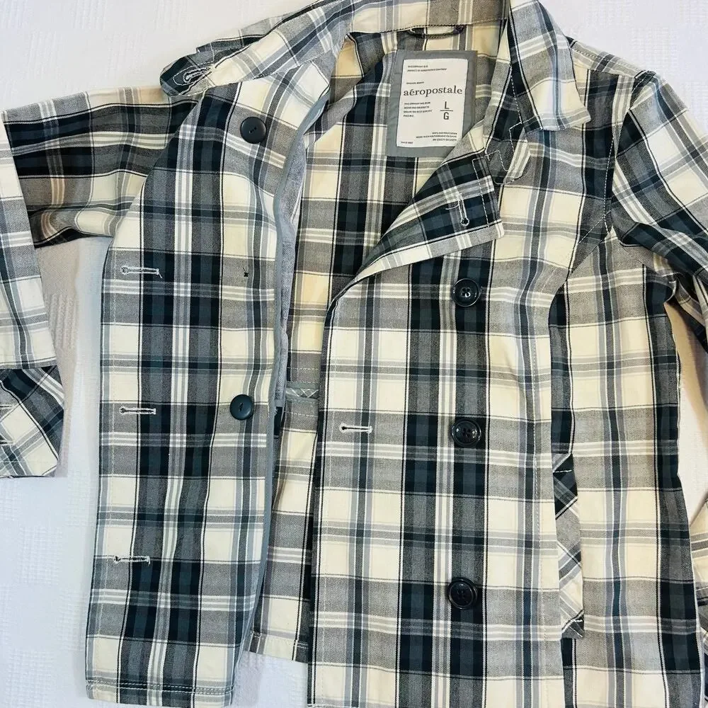Aeropostale Womens L Double-Breasted Jacket Black White Plaid 100% Cotton